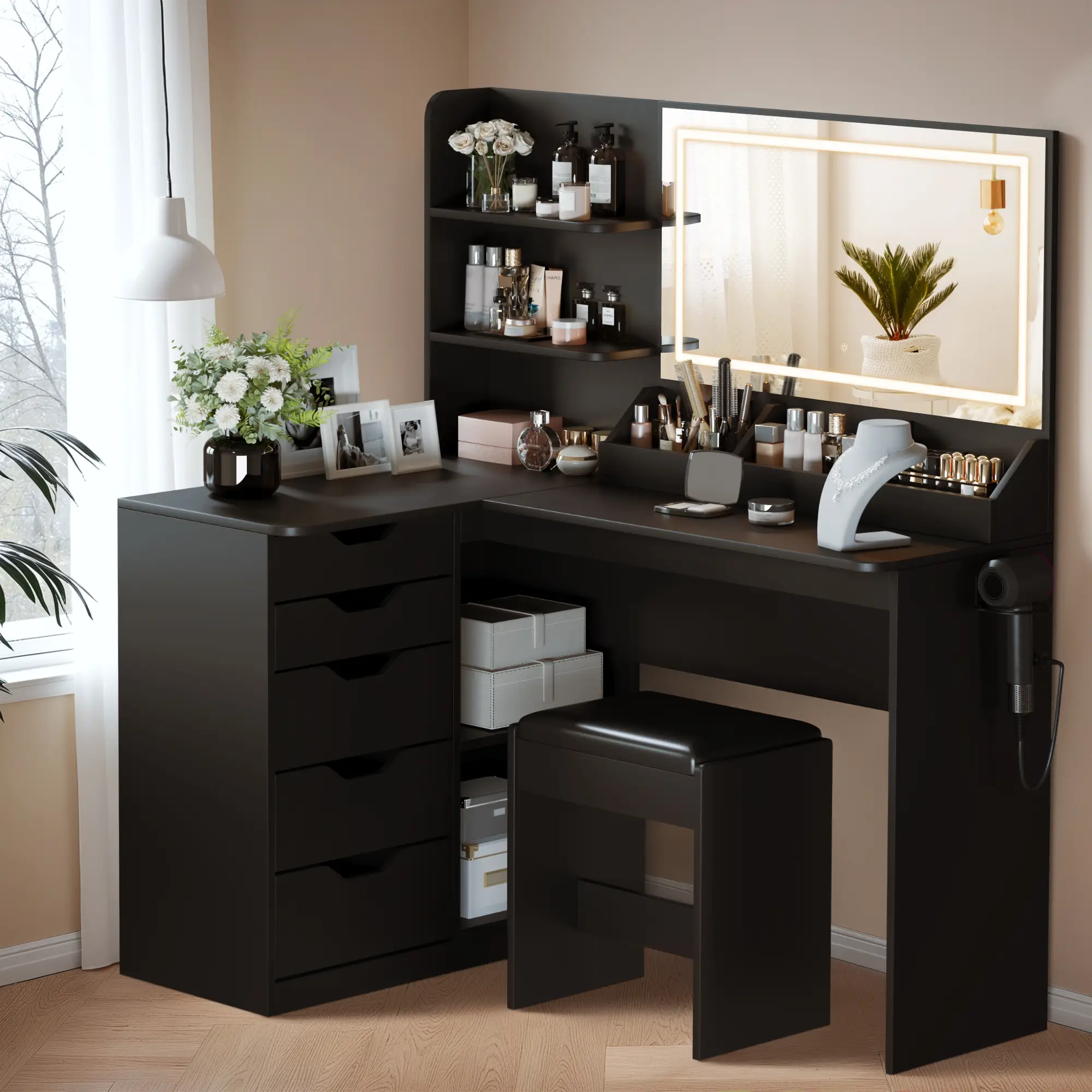 FURMAX Corner Makeup Vanity Desk with Lights and Mirror, 47" L Shaped White Vanity Set with Cushioned Stool& Charging Station, , 5 Drawer, Adjustable