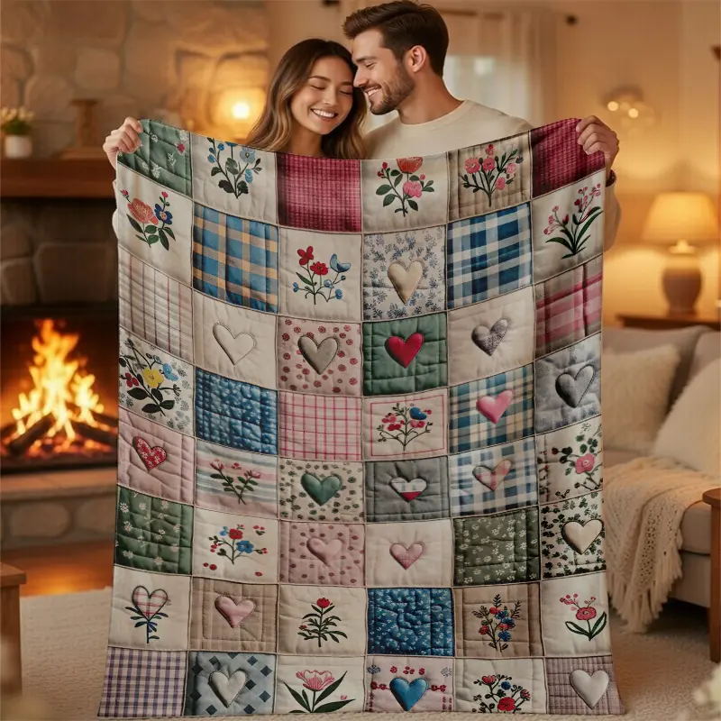Cottagecore Patchwork Floral Flannel Blanket - Vintage Aesthetic Heart & Flower Quilt-Style Soft Throw, Flower, Boho, Adorable Style, Art Graphic, Assorted Color Blankets, Farmhouse Room Decor, Unique Gift for Her, Flower Blankets