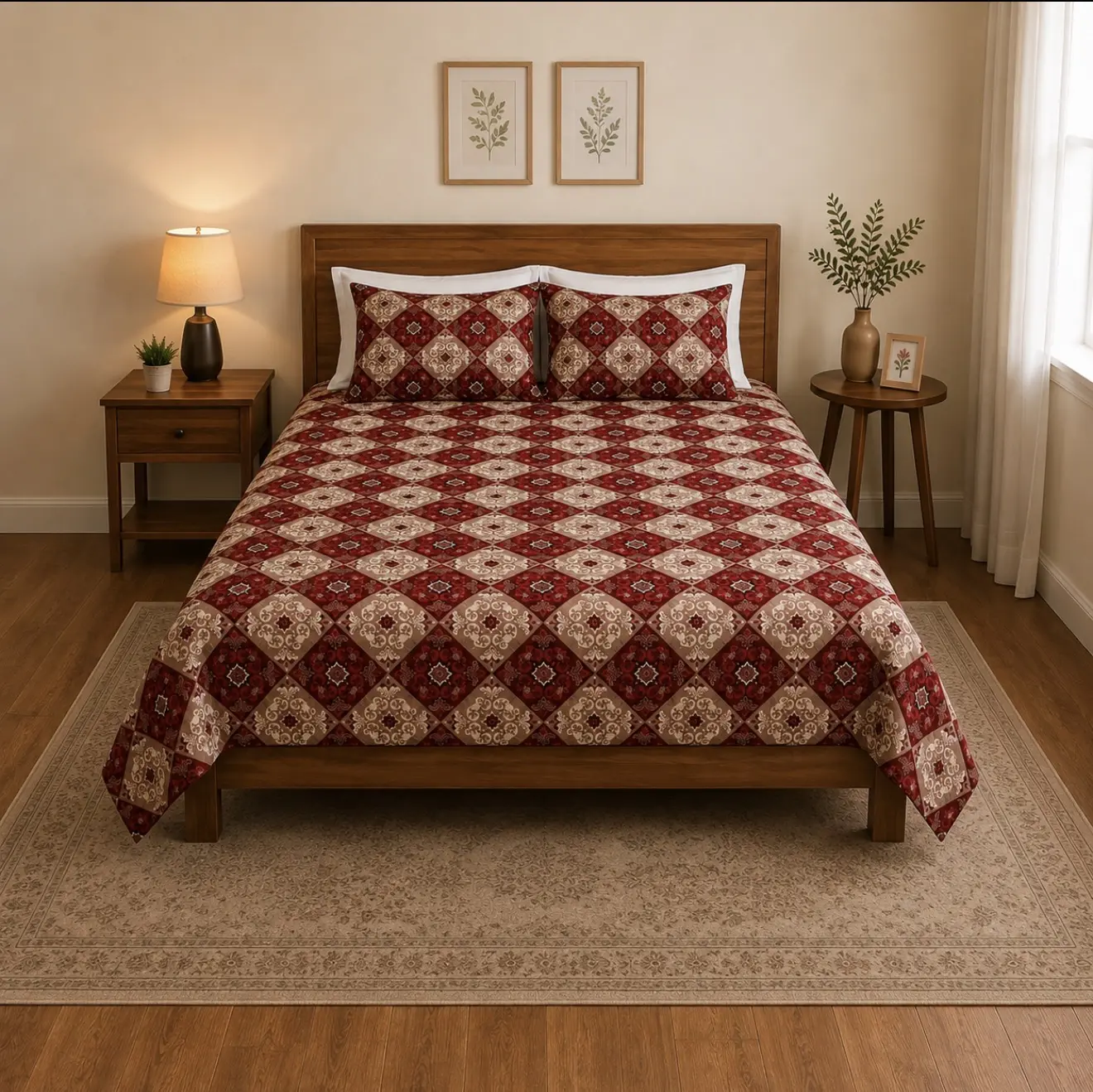 King Sheet Set – Deep Pocket – Red & Beige Geometric Pattern