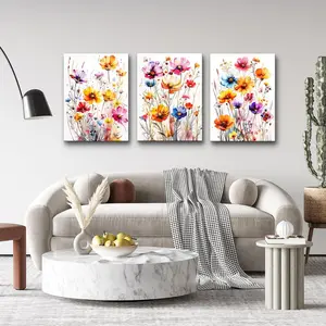 Framed 3Pcs Wall Art for Bedroom Wall Decor Living Room Modern Watercolour Floral Decor Flowers Poster Vintage Aesthetic Wildflower Pictures Artwork Canvas Paintings Farmhouse Home Decoration