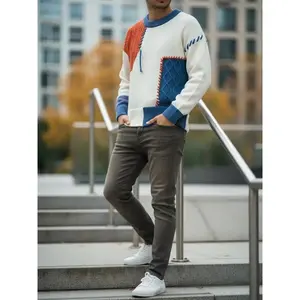 Single-piece American trendy brand jacquard color-blend round-neck sweater for men, autumn and winter fashion, distinctive, versatile, casual, and warm knitted sweater