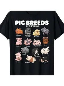 Pig Breeds Of The World T Shirt Featuring Various Pig Types And Names for Animal Lovers And FarmersMen's Casual Short Sleeve Crew Neck T Shirt Medium Stretch Breathable Fabric Machine Washable Spring Summer Top Casual Attire Playful Graphic Tee