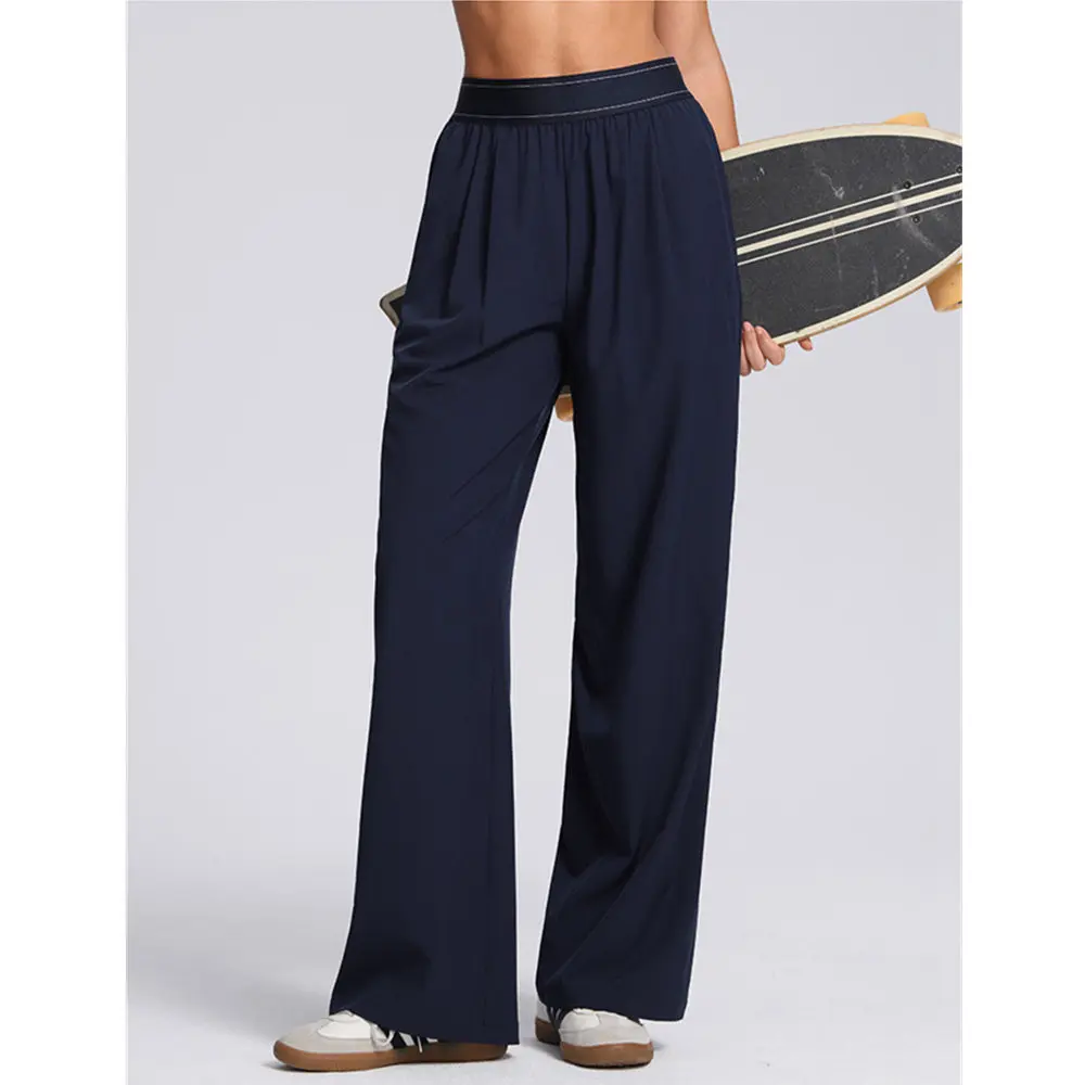 High Waist Stretch Straight Leg Yoga Pants for Women, Lightweight Woven Fabric Wide Leg Athletic Trousers, Leg Lengthen Casual Daily Workout Long Pants
