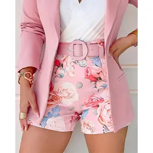 2025 Women's Long Sleeve Blazer & Floral Print Shorts Set With Belt Fit Blue autumn fashion woman HOT