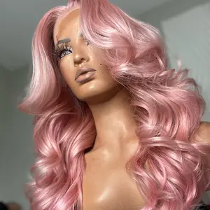 Aodbar hairs Pink Color Loose Wavy Wig 13*4*1 T Part Lace Frontal Synthetic Hiar Heat Resistant Fiber Hair Glueless Pink Color Wavy Hair for Women