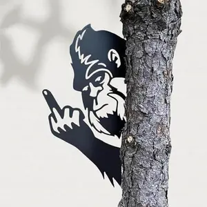 Gorilla middle finger metal sign, animal peek flip cutout plaque—funny outdoor wall decor for trees, fences, yards, gardens, homes, and house decoration Peeking Bigfoot