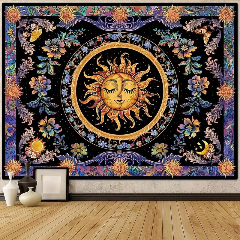 Tapestry  Accnicc Sun and Moon Tapestry Psychedelic Floral Plant Tapestries for Bedroom Aesthetic Hippie Boho Flower Tapestry Wall Hanging for Dorm Living Room (80'' × 60'')