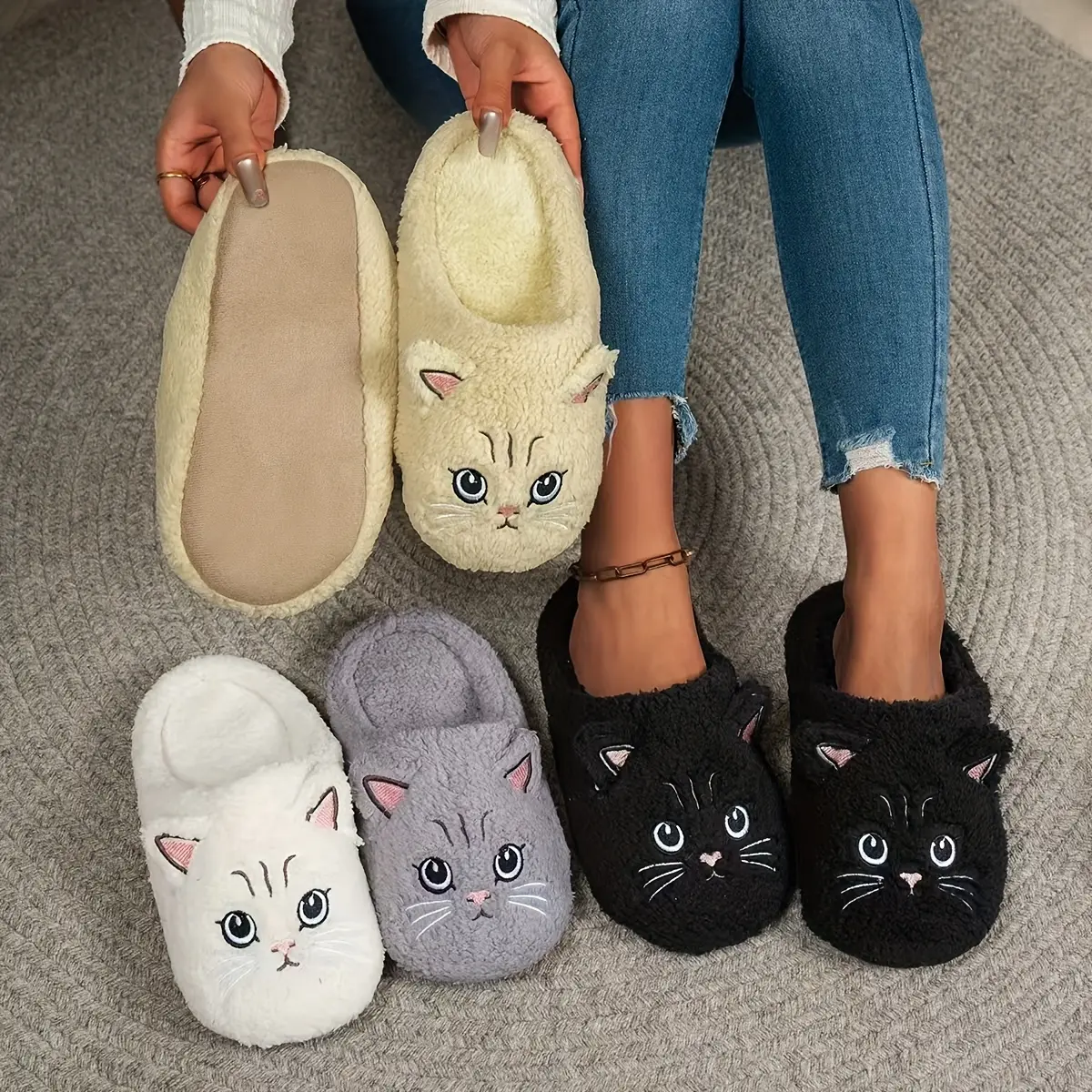 Women's 3D Fluffy Cat Plush Slippers - Soft, Chic, Animal Face Pattern Home Slippers for Lazy Days, 3D Fluffy Women's Home Slippers