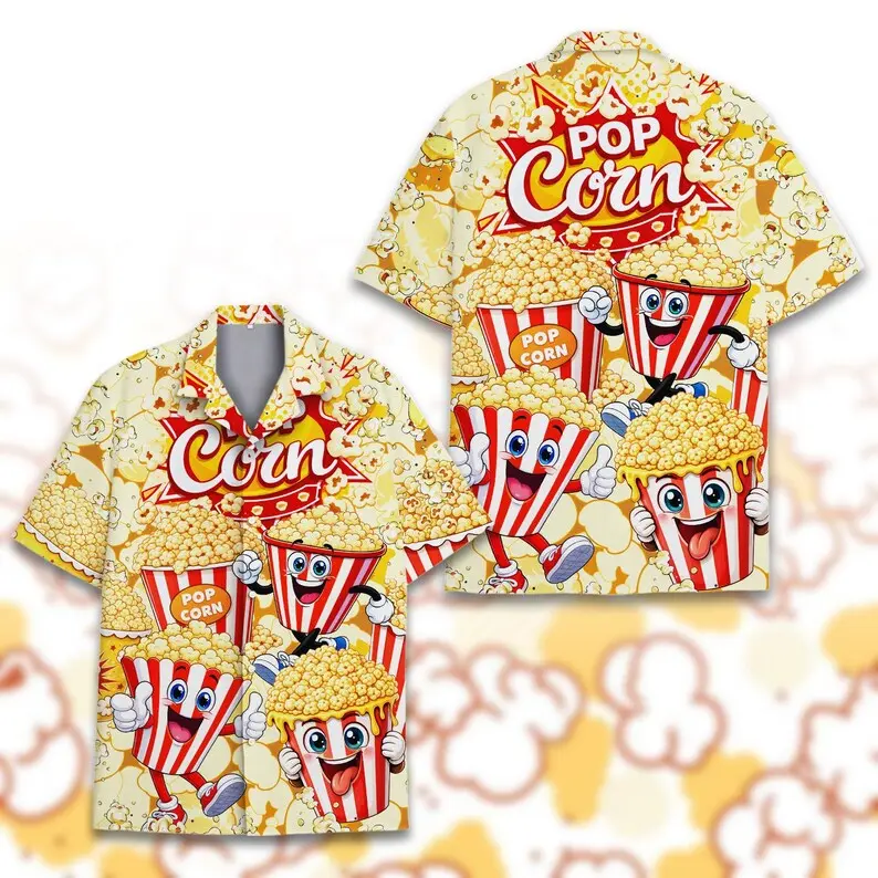 Popcorn Hawaiian Shirt Men Women Youth, Funny Popcorn Cartoon Shirt, Movie Night Hawaiian Shirt, Cinema Snack Shirt, Summer Party Gift