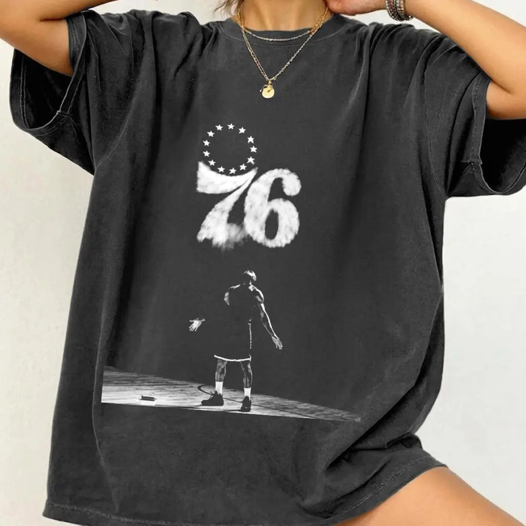 James 76 Graphic T-Shirt Vintage Philadelphia Basketball Shirt Retro Bootleg Tee Trendy Streetwear Oversized Top