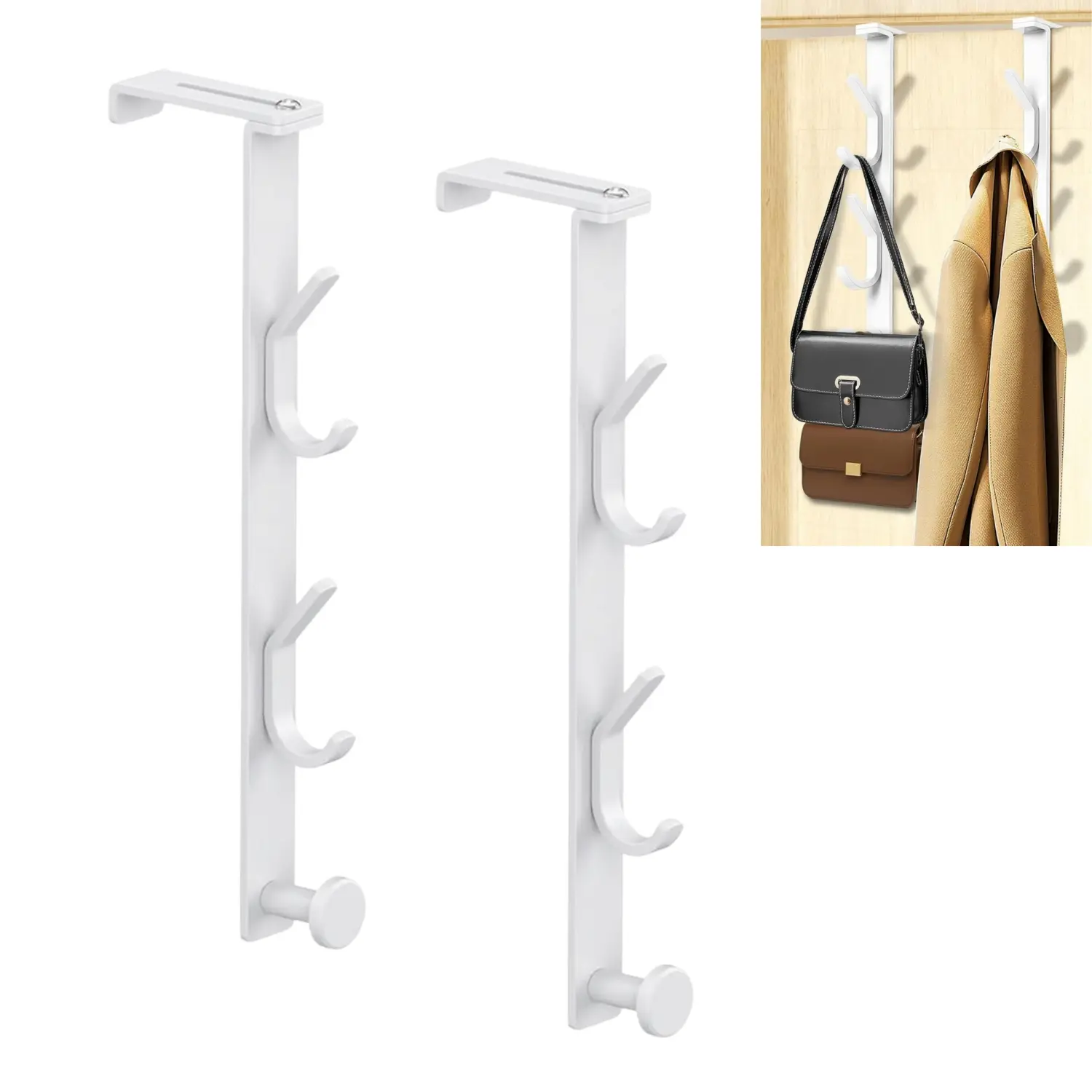 2 Pack Over Door Hook Steel Organizer with 5 Hooks for Coats and Bags - White Color Home Space Saving Storage Hooks