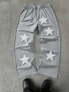 Unisex Star Patchwork Vintage Straight Leg Pants, Loose Fit Wide Leg Casual Trousers, Drawstring Waist, All Seasons, Spring Summer, Athleisure Pants