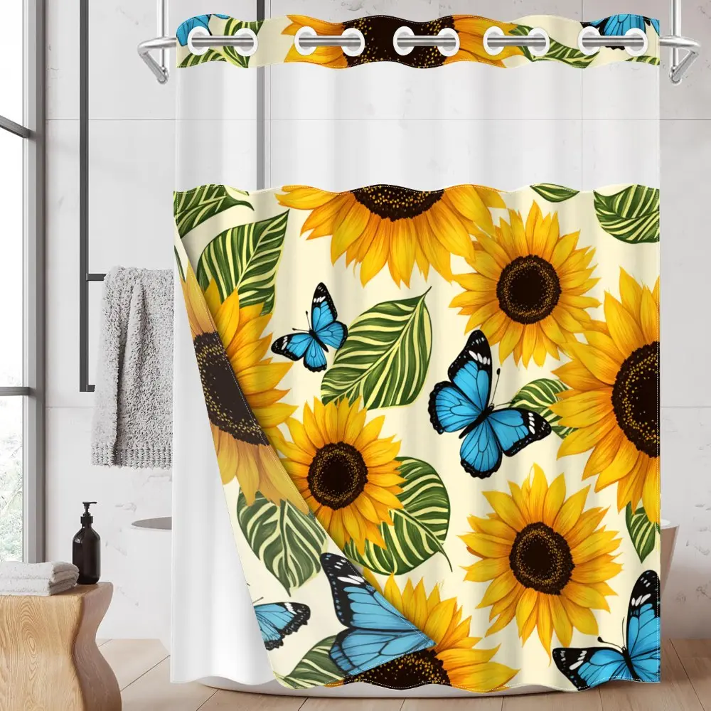 1pc hookless shower curtain with buckle lining, spring yellow and blue sunflower butterfly design print, fabric waterproof lining with see-through window, 71 x 74 inches, Summer Shower Curtains For Bathroom, home bathroom decoration