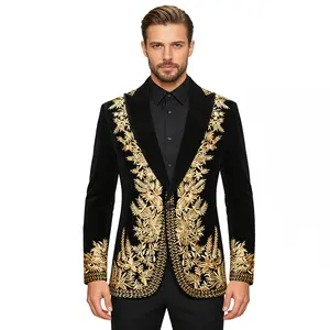 Pyiujtr Men's Floral Embroidered Slim Fit One Button Suit Jacket Blazer Peak Lapel for Party Wedding Banquet Prom Elegant Design Versatile Use