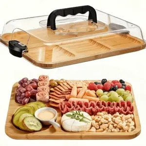 Portable Bamboo Cheese Tray Set with Transparent Acrylic Lid, Food Grade Material, Leak-Proof, Easy Clean, Ideal for Camping and Parties