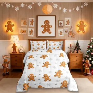 Gingerbread Man Kids Comforter Set,Merry Christmas Snowflake Bedding Set,Girls Boys Room Decor,Cute Simple Fashion Quilt Comforter,White Yellow Duvet Set,Bedroom Quilt Set