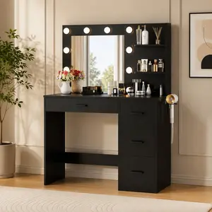 LED Lighted Vanity Desk with 10 Bulbs Mirror and Built-in Power Outlet, 3 Color Modes Makeup Dressing Table with 4 Storage Drawers, Modern Cosmetic Vanity for Bedroom Home Decor
