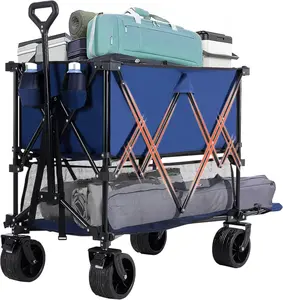 440 lbs Heavy Duty Folding Wagon, Double Decker Utility Cart with Brakes, Big Wheels for Camping, Garden, Grocery & Sports
