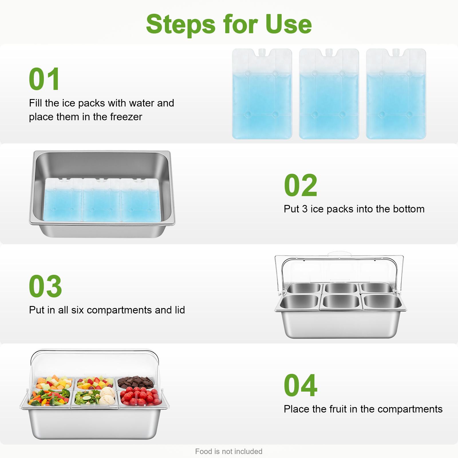 2 Pack 6 Compartment Food Serving Tray with Lid Spoons Tongs Ice Bags for Fruit Vegetable Snack Dessert Picnic Buffet Party