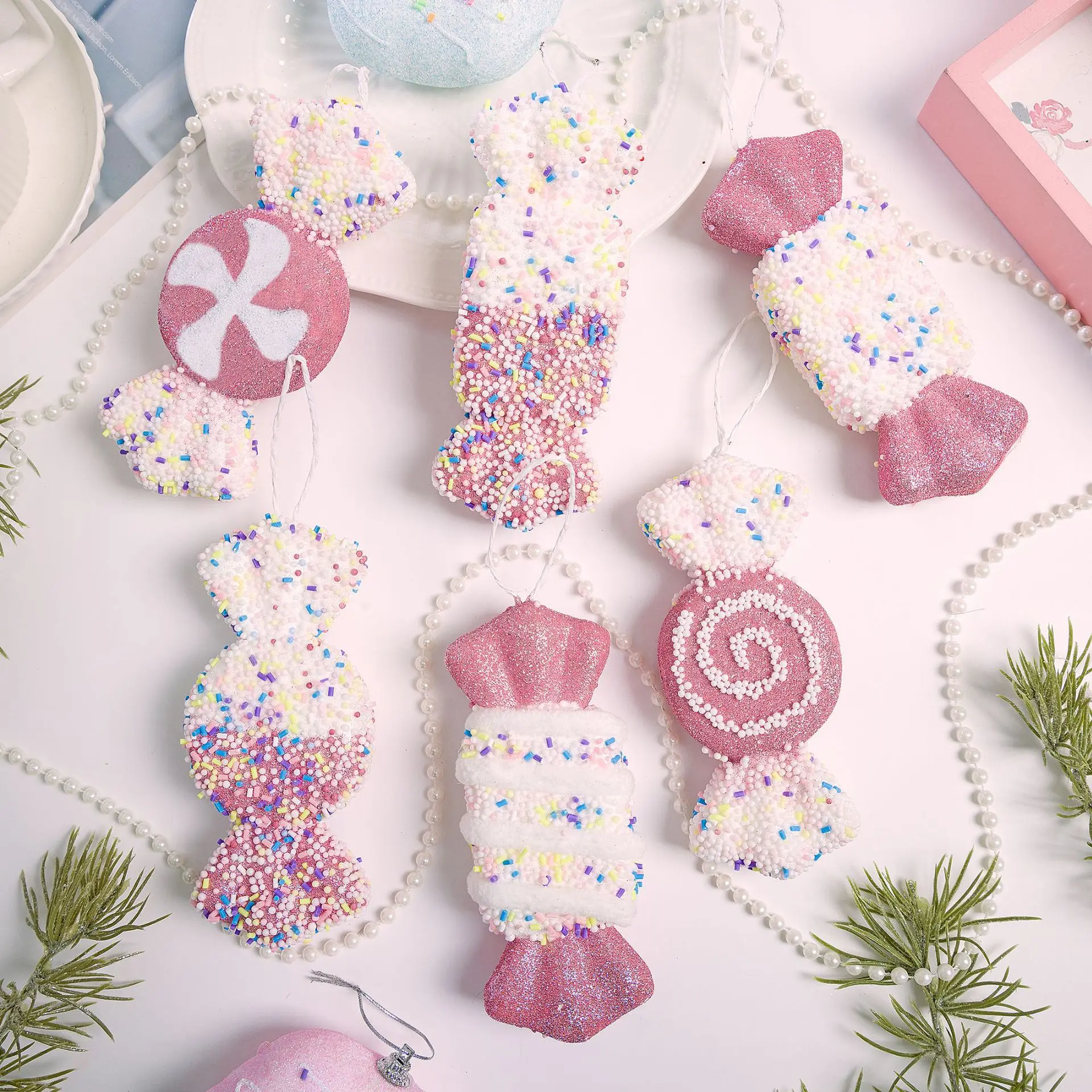 6Pcs Pink White Foam Candy Ornaments Christmas Tree Hanging Decorations, Sweet Candy Pendant for Xmas Home Party Mall Scene Decor