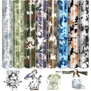 Camo Heat Transfer Vinyl - 8 Sheets 12 x 10 inch PU Army  Iron  Vinyl Camouflage  Printed HTV DIY T-Shirt Canvas Bags for Cricut or Silhouette Cameo