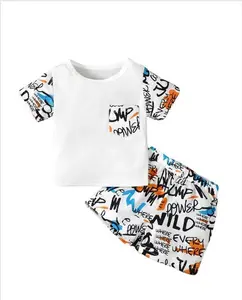 Graffiti Line Pattern Summer White Suit Fashion Personalized Casual Comfortable Suitable for Boys