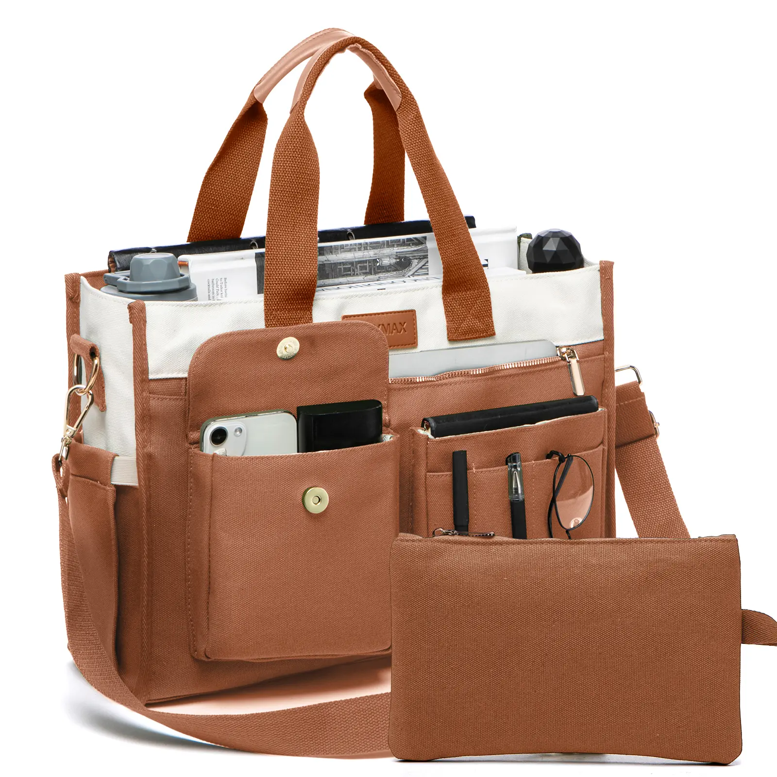 Large Canvas Tote Bag Set for Women, Work Teacher College Travel Shoulder Handbags, Crossbody Laptop Purse