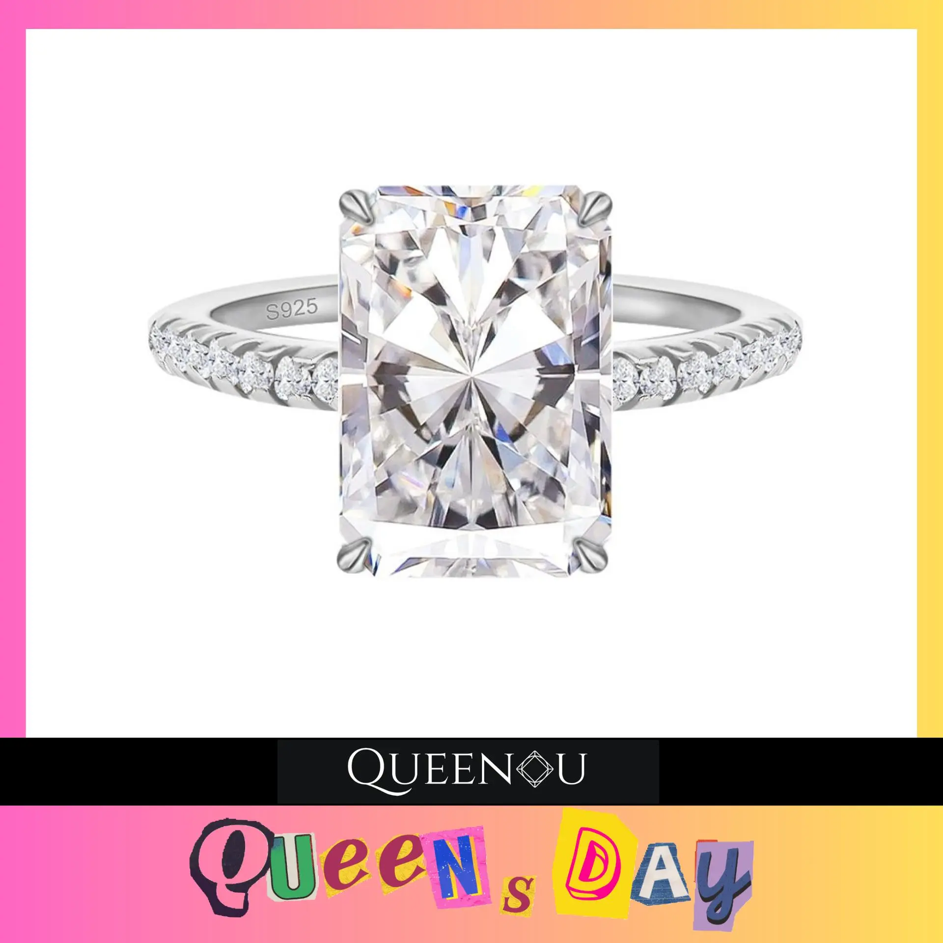 【366】December QUEENSDAY 4CT Synthetic Moissanite Ring - Classic, Fashionable, and Elegant Everyday Ring for Women, Perfect for Wedding, Anniversary, or Birthday Gifts
