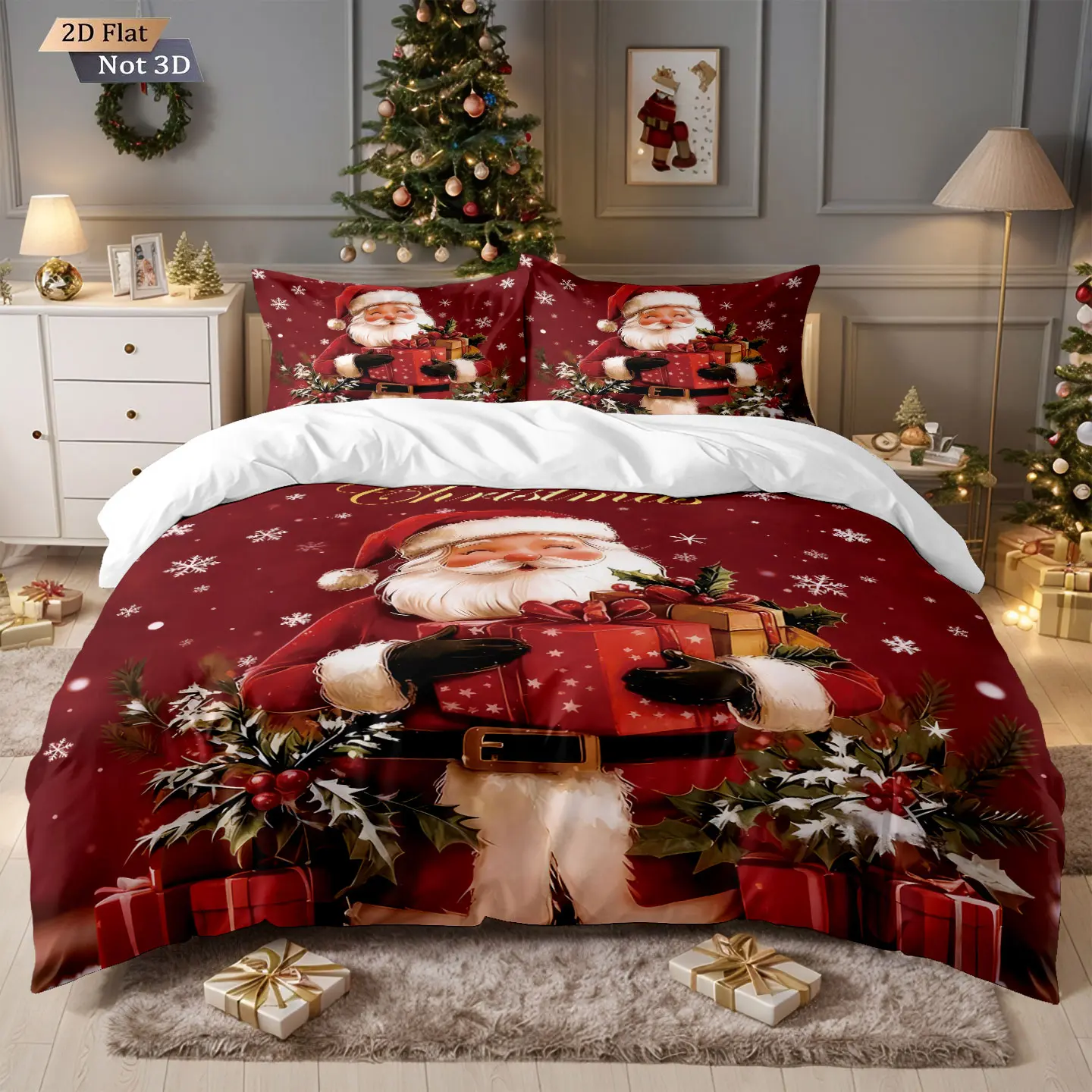 3-Piece Christmas Print Cozy Bedding Set, Includes Fitted Sheet & Pillowcases No Fillers, Festive Santa Design, Comfortable Home Decor