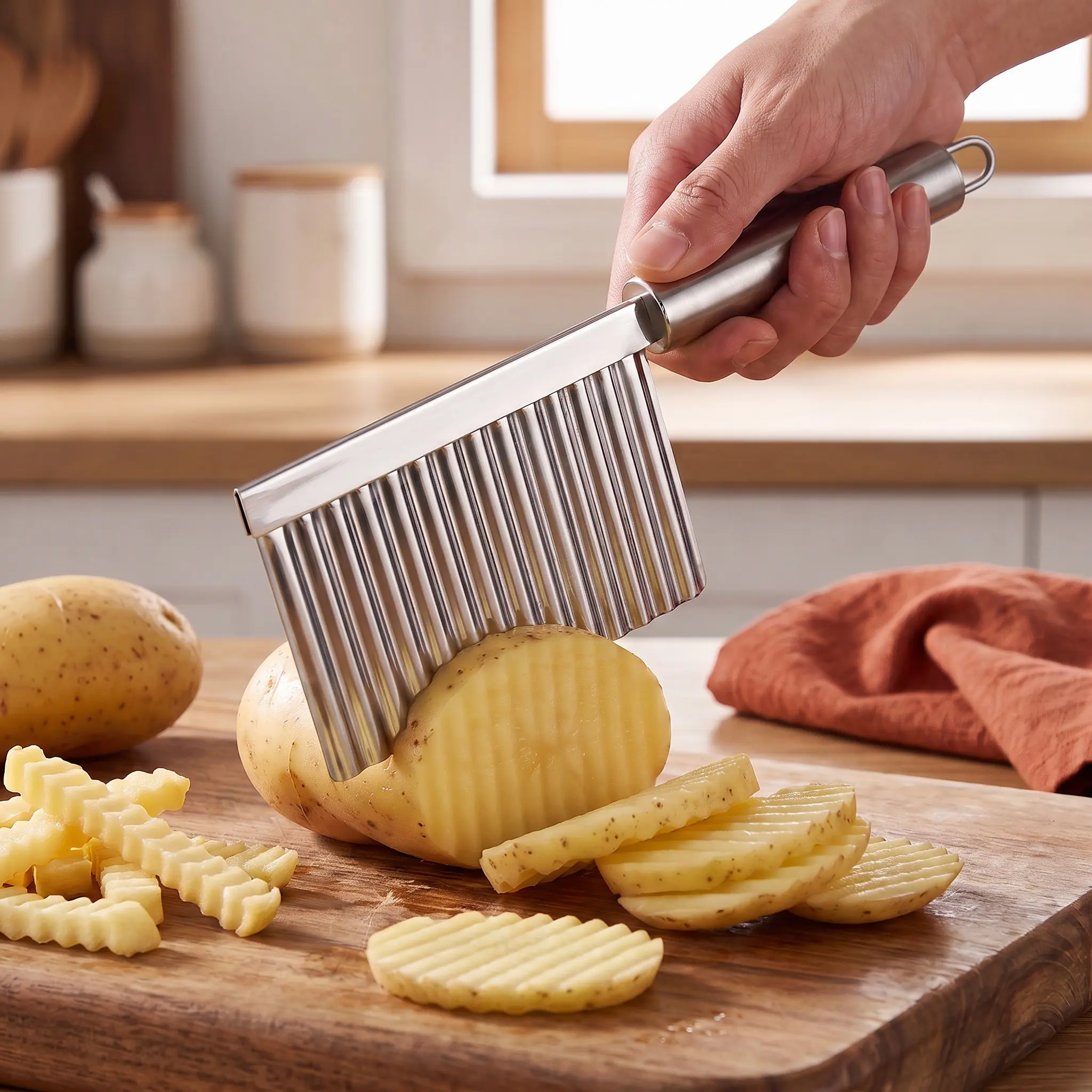 Stainless Steel Crinkle Wave Cutter Handheld Wavy Blade Slicer Chopping Tool with Hanging Hole Durable Metal Kitchen Prep Gadget