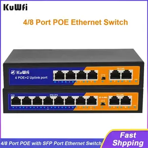 KuWFi 4/8 Port Poe Ethernet Switch, 250m Long Distance Transmission, Non-Managed, 2 Upstream Ports, Home and Lab Use, Plug-And-Play