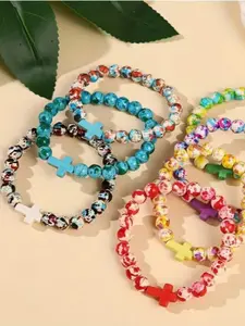 Fashionable New Arrival Cross Bracelet Set, Elastic Rainbow Stripe, Perfect for Christmas, Halloween, Valentine's Day, Birthday Gifts