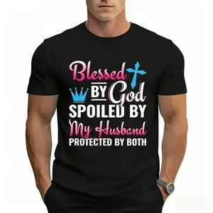 ✨Streetwear Tee,100%25 Cotton Unisex Christian Wife Jesus Blessed By God Spoiled By My Husband T-Shirt Faith Inspired Camiseta Verano Casual Streetwear Graphic Tee for Women and Men Christian Gift Religious Faith Shirt Blessed Lifestyle Cotton Top