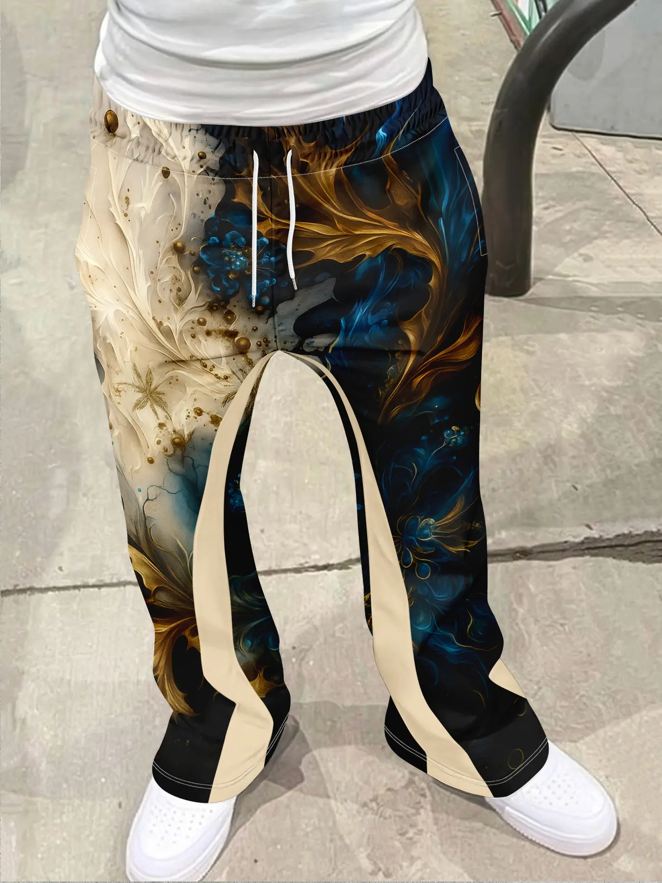 Men's Loose Fit 3D Print Geometric Flared Bell Bottomed Pants, Casual Sporty Streetwear Pants, Hip Hop Vintage Long Pants for All Seasons