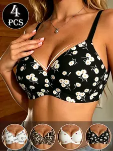 4-Pack Seamless Printed Jelly Bra Set, Wireless Fitted Lingerie, Medium Support, All-Over Print, Comfortable Daily Wear, Sporty Style