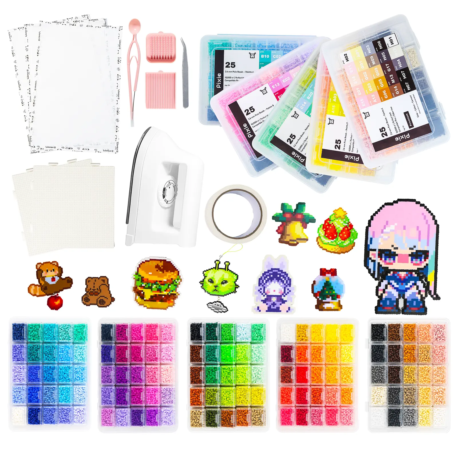 PixieBeads Premium Combo Set 120  All-in-one Tool Set 48,000 ct 2.6mm Fuse Beads for Beginners Basic Pixel Art Kit