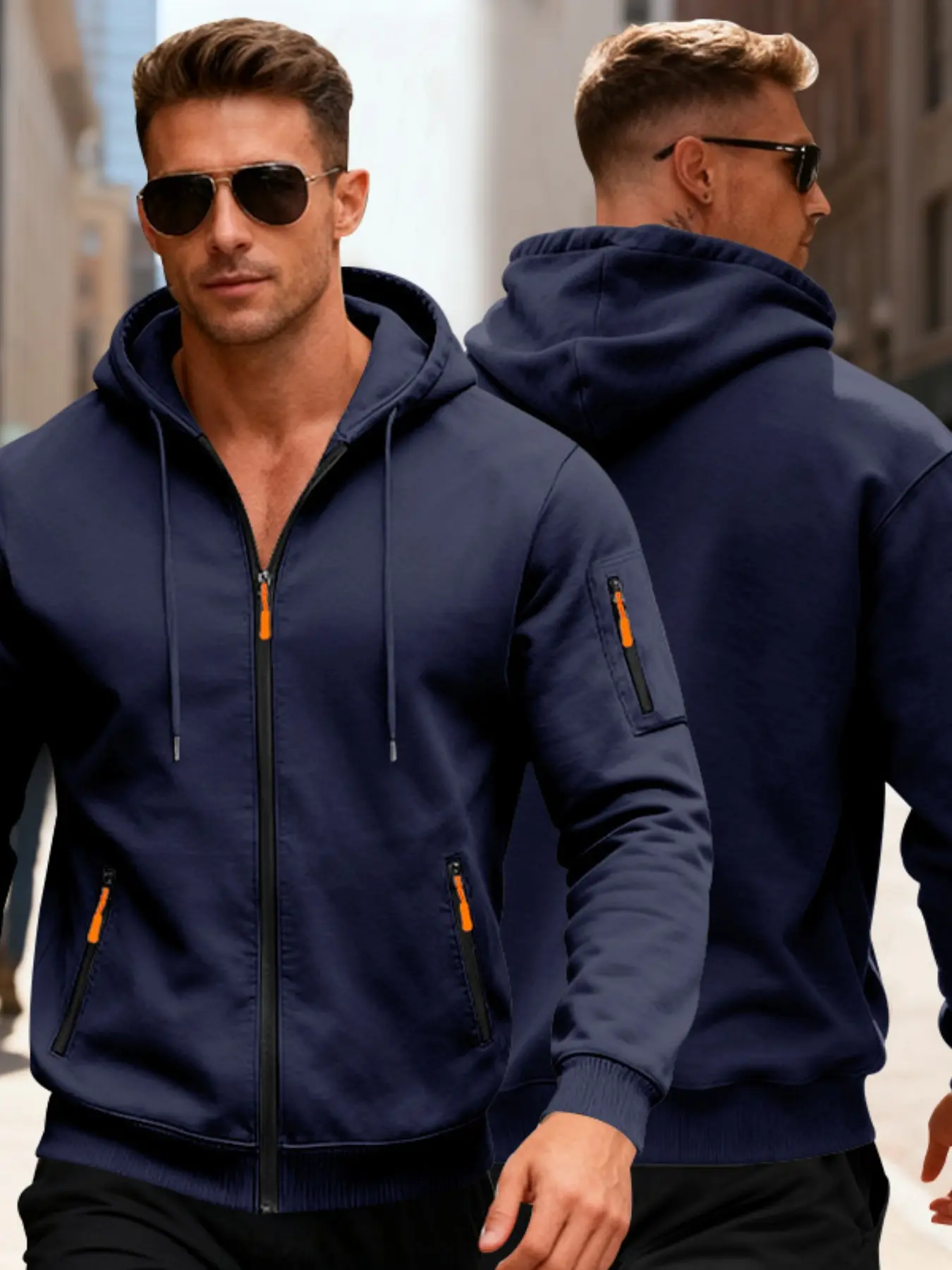 Men's Lightweight Fleece Lined Warm Fitted Jacket Hooded Coat, Multiple Zipper Pockets, Casual Windproof Long Sleeve Athletic Golf Jacket, Sports Jacket