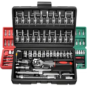 46 pieces of 1/4 inch (approximately 0.6 cm) drive socket ratchet wrench set, with drill bit socket set, metric and extension rods, suitable for automotive repair, bicycle, motorcycle repair and home use, with storage box (black)  pcs Mechanics Tool Set w