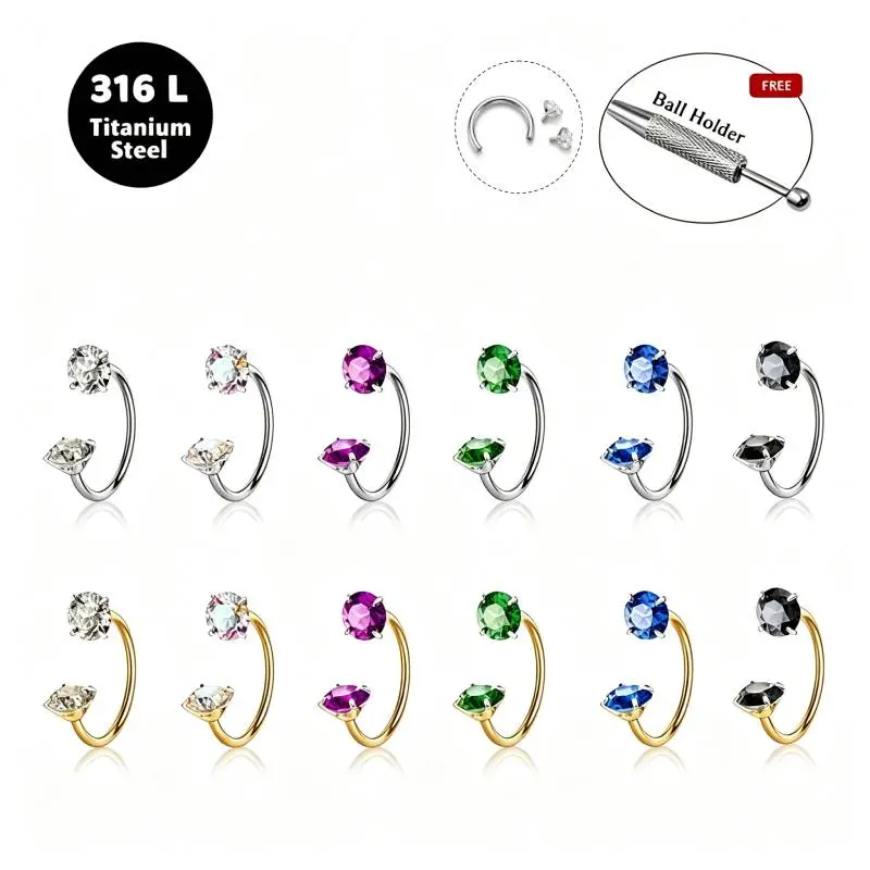 6pcs Value Pack 316L Titanium Steel 18G 1.0mm Internally Threaded Gems Horseshoe Hoop Nose Ring，Nose Piercing Jewelry，Includes Insertion Tool - Free Ball Holder & Guiding Tube