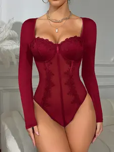 French Elegance Long Sleeve Lace Sexy Waist Controlling Adjustable Bodysuit with Steel Boning, Slimming Hot Girl Onesie, Wearable Lingerie, Erotic Bodysuit, Womenswear