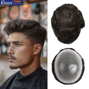Ehairc Human Hair Toppers for Men 0.1mm Skin Toupee Hair Men Double Knots Durable PU Hairsystem 6 Inches Long Real Hair Base Size 8x10 Inch 130% Density Natural Hairline Toupee for Man