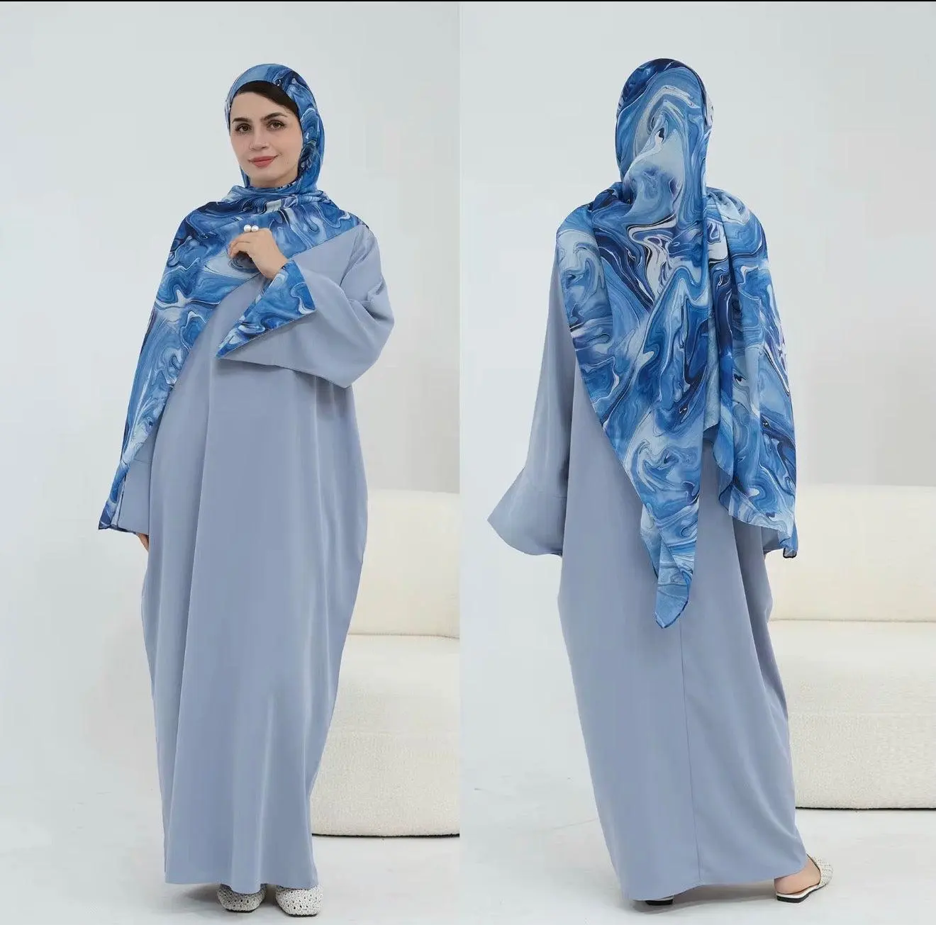 Women's 2-Piece Premium Dubai Abaya, Printed Hijab Modest Islamic Clothing Set