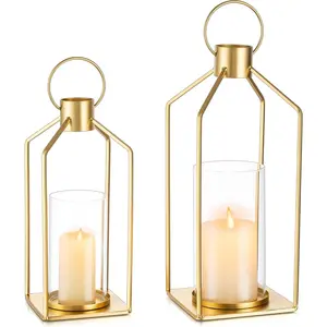Gold Lanterns Decorative Indoor: Set of 2 Lanterns with Glass for Table Centerpieces Candle Holder for Fireplace Patio Pocth Outdoor Modern Home Decor Farmhouse Faux