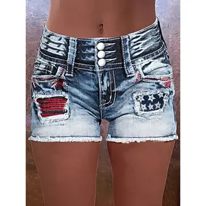 Women's High-Elasticity Embroidered Distressed Denim Shorts - Casual Stretch Fit with Raw Hem, Star Pattern & Patchwork Details, Machine Washable Spring/Summer Shorts, Summer Casualwear, Highelasticity Fabric, Embroidered Details