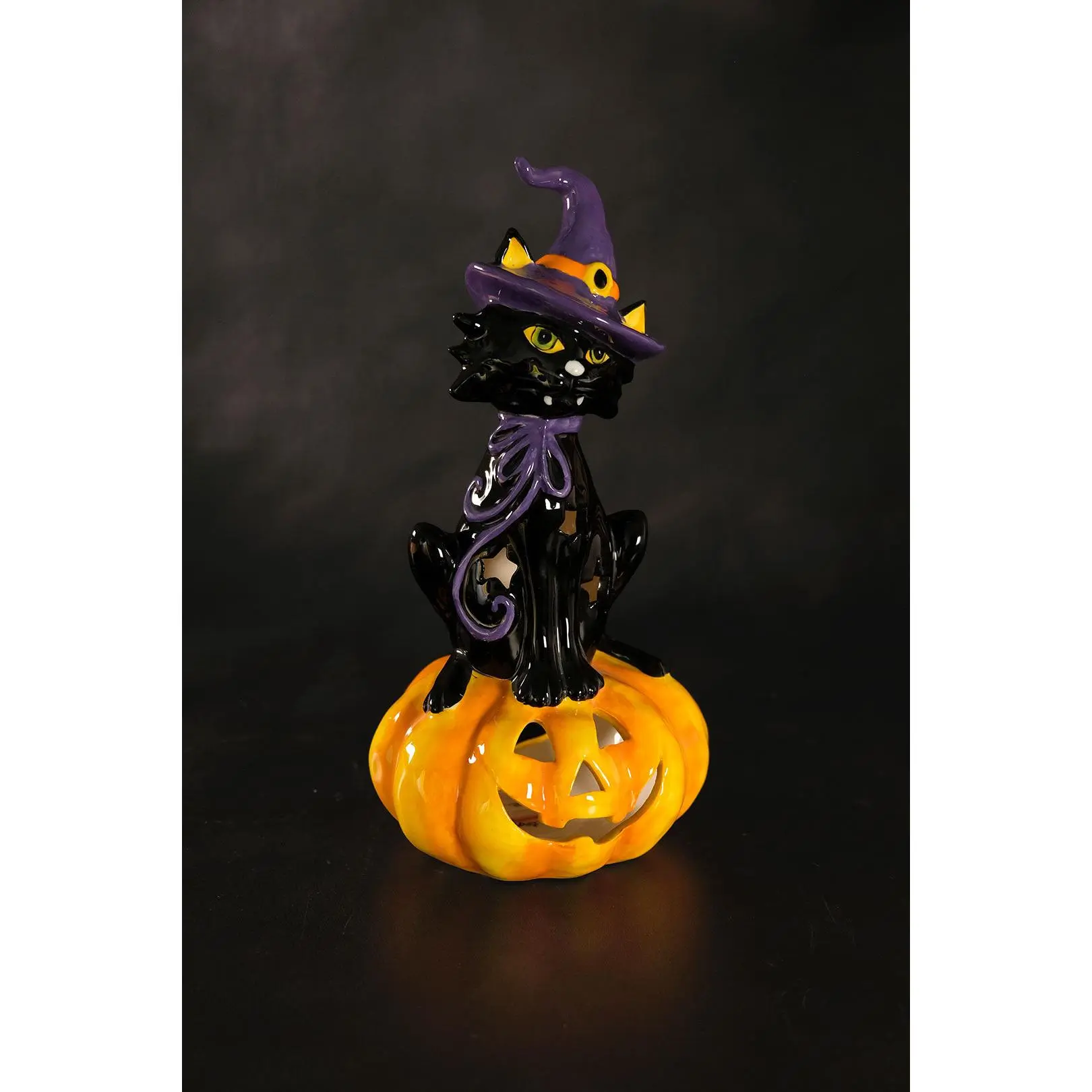 Clayworks Black Cat on Pumpkin Tealight Holder