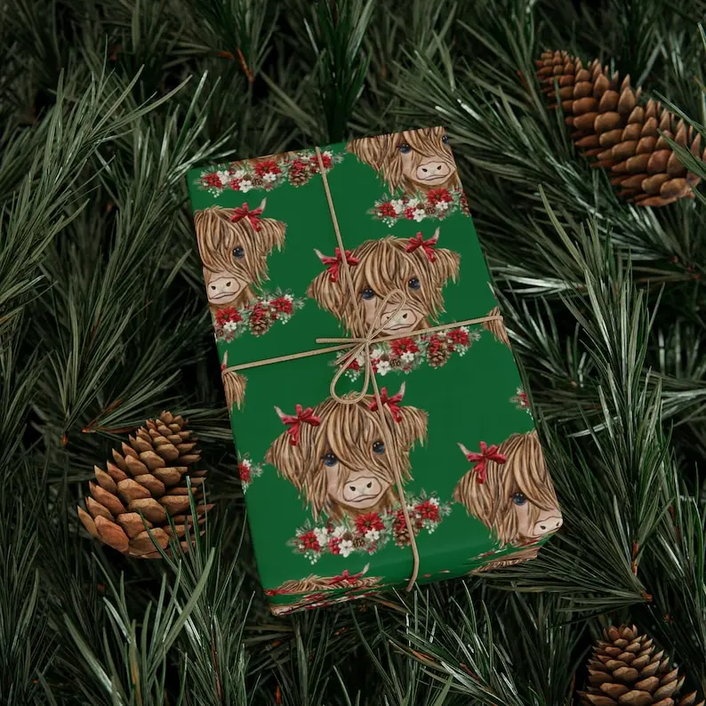 Cow Christmas Wrapping Paper Roll, Highland Cow Holiday Gift Wrap, Farmer, Rancher, Barnyard Animals, Calf Baby Cow, XMAS Floral Bovine Farm