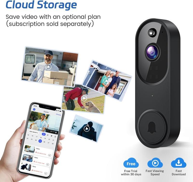 Wireless Video Doorbell Camera with AI Human Detection, 2-Way Audio, Live View, Night Vision, Cloud Storage, Battery Powered, 2.4G WiFi Home Security Camera for Indoor & Outdoor Surveillance