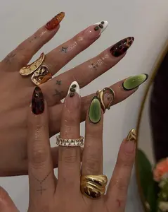 Luxury Earth Tone Press On Nails, Olive Green Tortoiseshell Nails, Gold Accent Almond Nails, Handmade Reusable Nail Set