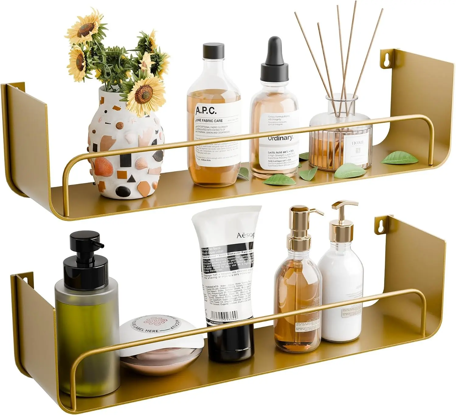 16 Inch Gold Floating Shelves Set of 2, Narrow Iron Bathroom Shelves with Guardrail, U-Shaped Wall Mounted Shelf for Home Decor & Organizer, Display for Bathroom, Kitchen, Bedroom & Any Room