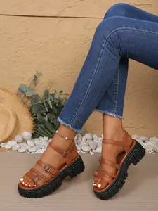 Thick Sole Sandals, Braided Strap Buckle Shoes, Chunky Heel Street Style Women's Sandals, Casual PU Leather Footwear
